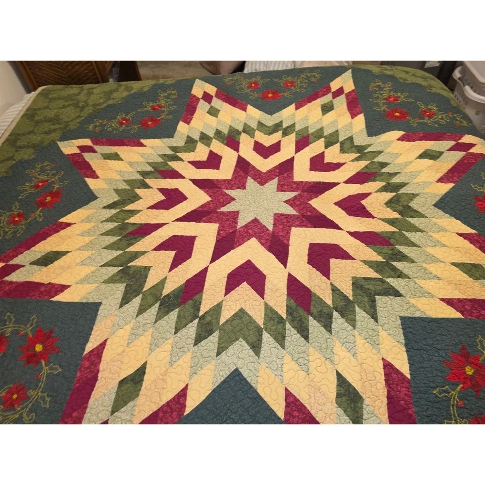 Handcrafted Lonestar Cotton Quilt Poinsettia Embroidered Christmas 90x90 Green